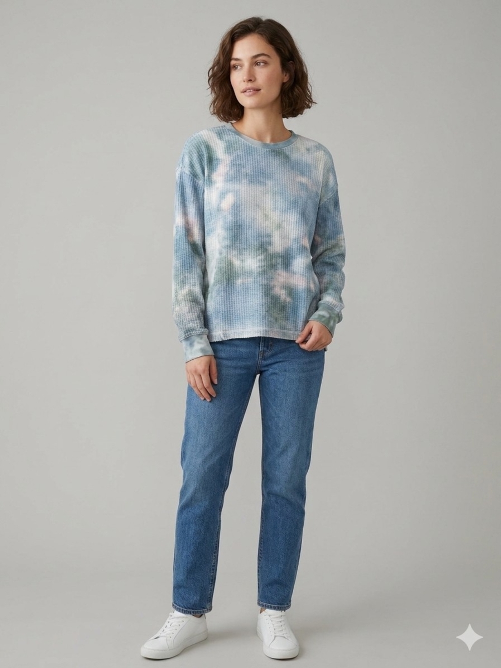 PJ Salvage Blue Cloudy Clouds Tie Dye Waffle Knit Thermal Pullover Sweater M